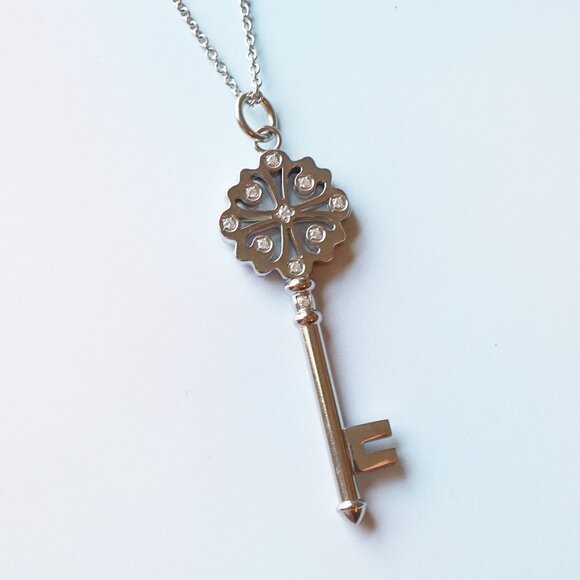 Vintage Y2K Silver Skeleton Key Pendant Necklace with Crystal Accents - Picture 1 of 4